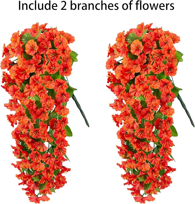 HyeFlora Artificial Fake Hanging Flowers Plants for Outdoor Outside Spring Decor, 2PCS Faux Silk Orange Morning Glory Trailing Vines UV Resistant Look Real for Home Planter Porch Patio
