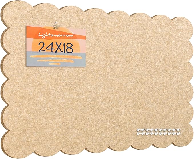 Lightomorrow Scalloped Bulletin Board, 24 x 18 Inches Felt Pin Board - Decorative Cork Alternative for Wall, Foldable Picture Self-Adhesive Vision Prayer Board with 20 Pushpins - Beige Brown