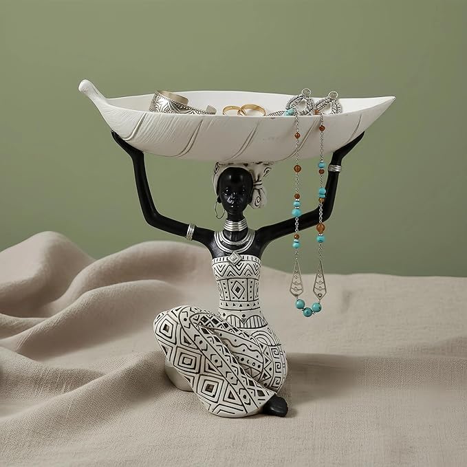 Lescafita African Woman Holding White Leaf Bowl Statue, Modern Resin Figurine Sculpture, Boho Home Table Decoration for Living Room or Entryway