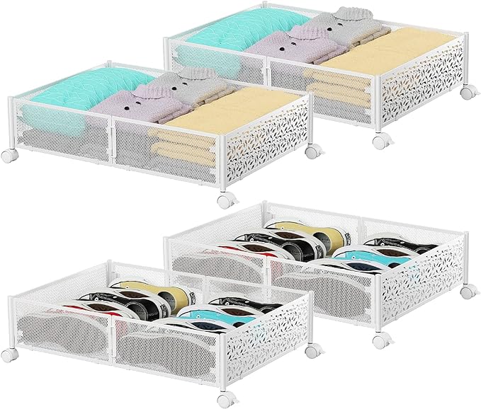 PHINOX Under Bed Storage, Under the Bed Storage Containers with Wheels, Under Bed Shoe Storage Organizer Drawer for Bedroom Clothes Shoes Blankets -4Pack