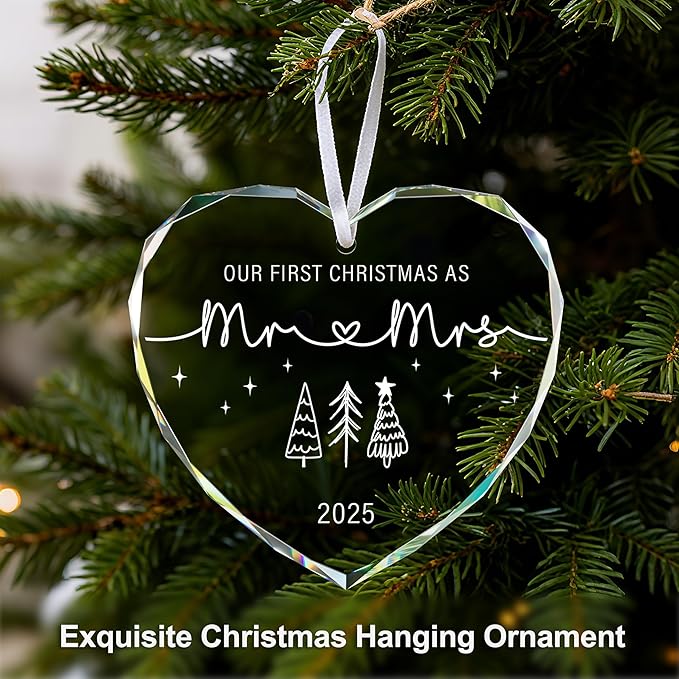 First Christmas Married Ornament 2025, Mr and Mrs Gifts, Wedding Gifts, Bridal Shower Gift Just Married Ornament Gift for Newlywed, Christmas Ornaments 2025 for Couple, Xmas Hanging Ornament
