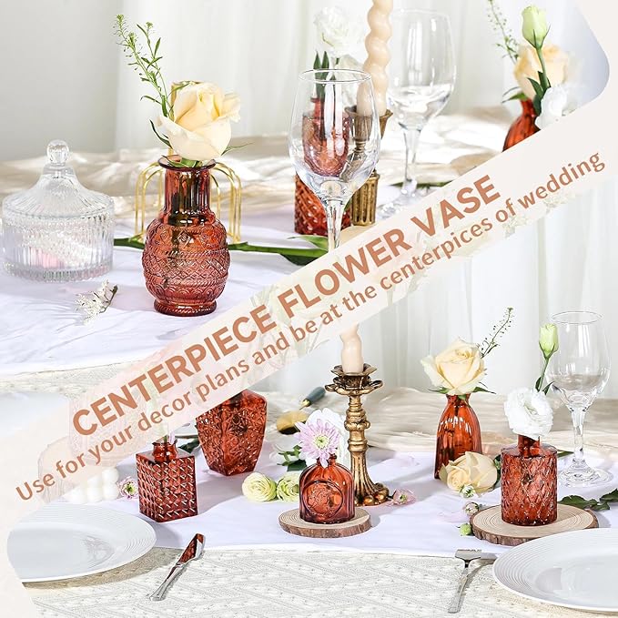Mini Bud Vases Centerpieces for Tables, for Flowers,Small Flower Vases Suitable for Birthday Party,Anniversary,Wedding Reception,Baby Shower (Amber, 12PCS)