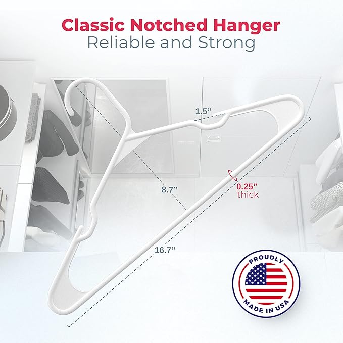 Neaties Plastic Hangers 100 Pack - Made in The USA - 6lb Capacity Standard Clothes Hangers with Notches and Reinforced Edges for Dresses, Lingerie, Shirts, Pants, and Jackets - Gray