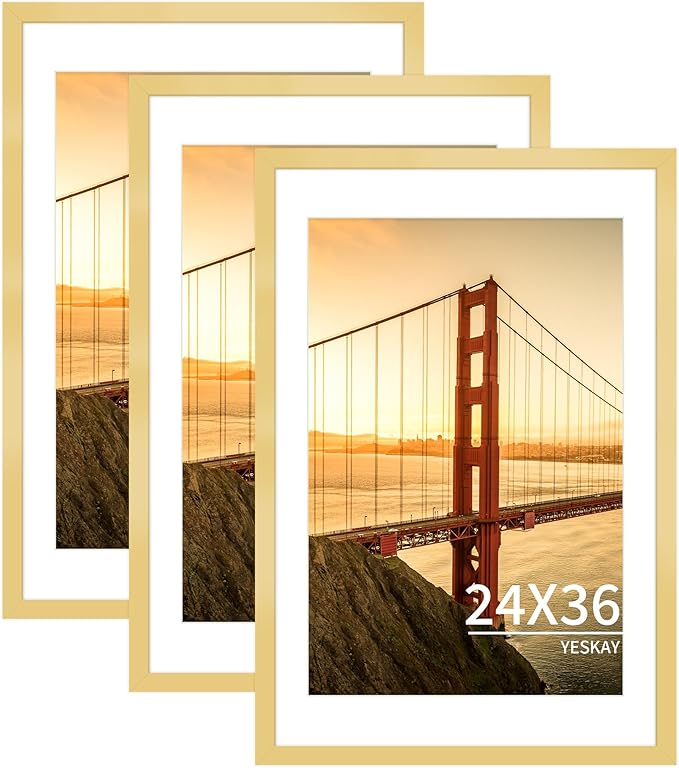 24x36 Picture Frame Gold Set of 3, Display Pictures 20x30 with Mat or 24 x 36 Without Mat, Poster Frames 24x36 for Wall Hanging Horizontal and Vertical