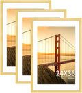 24x36 Picture Frame Gold Set of 3, Display Pictures 20x30 with Mat or 24 x 36 Without Mat, Poster Frames 24x36 for Wall Hanging Horizontal and Vertical