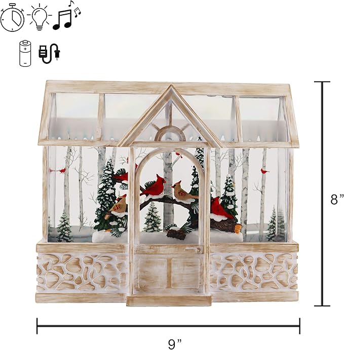Victory Creative Christmas Illumination Cardinals Greenhouse Water Globe 8"x9" Musical Giltter Spinner Battery Operated Timer & USB Xmas Light Up Snow Globe Home Decor
