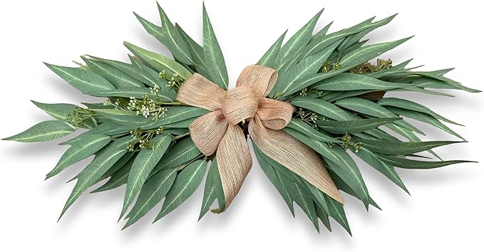 24 Inch Artificial Eucalyptus Greenery Swag with Rustic Linen Bow, Farmhouse Mantel & Wall Decor for Spring, Summer and Year-Round Home or Wedding Decoration(1PCS)