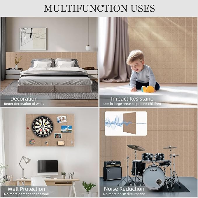 Large Felt Cork Board Alternative - 36" x 24" Bulletin Board with 30 Pushpins, 6 Pack Adhesive Cork Board, Sound Absorbing Fabric Wall Tiles, for Office Home Music Class, Dark Camel