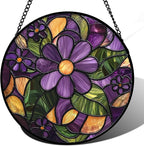 Stained Glass Window Hanging, Purple Green Flowers Sun Catcher for Door Home Decor Plants Suncatcher Christmas Mother's Day Birthday Gifts for Women Men Mom and Nana 9.8 in