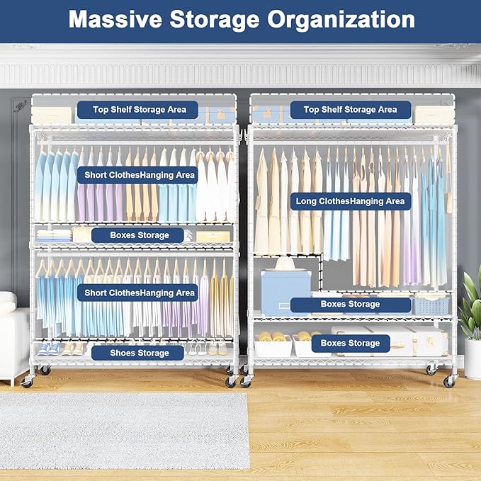 P8C Max Heavy Duty Clothes Rack（With Extended Width Design） Rolling Clothing Racks for Hanging Clothes with Lockable Wheels，51.2"W x 15.8"D x 80.5"H，Load 700LBS，White Rack with Black Cover