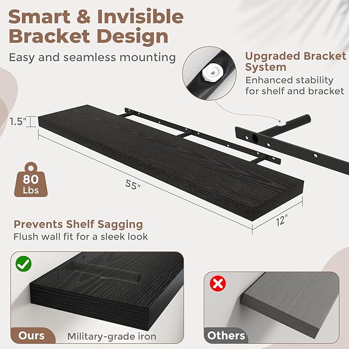55 Inch Long Floating Shelves for Wall Set of 2, 12"D Wood Grain Bathroom Shelves with Invisible Brackets, Easy Install Engineered Wood Storage Shelves for Kitchen, Living Room, Bedroom, Black Finish