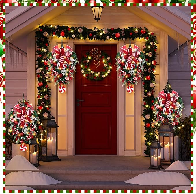 Lyrow 4 Pcs Cordless Prelit Christmas Artificial Swags 24" Xmas Stairway Swag Teardrop Trim Christmas Staircase Decoration Battery Operated Garland for Indoor Outdoor Railing Decor