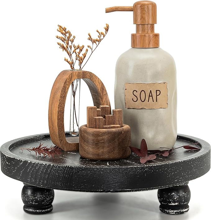 EOSAHR Pine Wood Farmhouse Display Risers for Kitchen Counter - Decorative Riser for Decor with Elevated Design - Rustic Style Wood Pedestal Stand for Bathroom Sink Organizer (Old Black)