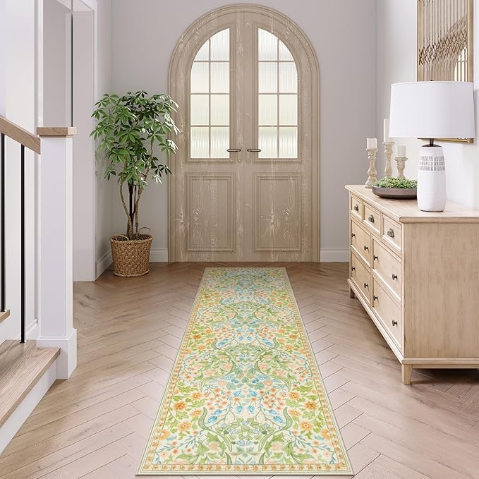 Moynesa Floral Hallway Runner Rug, Washable 2x6 Kitchen Rug Runner, Non Skid Boho Soft Bathroom Carpet Runner 6ft, Ultra Thin Botanical Throw Mat for Laundry Bedroom, Spring