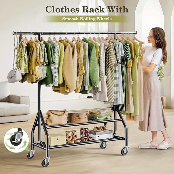Clothes Rack with 2 Shelves, Heavy Duty Garment Rack Load 450 LBS, Standing Rolling Metal Hanging Clothes with Sturdy Wheels & Shelves