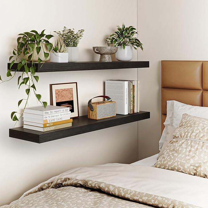 Fixwal Floating Shelves for Wall, 35.4" Long Heavy Duty Wall Mounted Rustic Wood Shelves for Living Room, Bedroom, Bathroom and Kitchen, Wall Shelves for Storage, Books, Room Decor (Black, Set of 2)