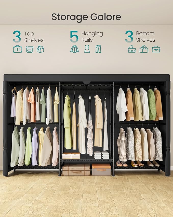 SONGMICS Heavy-Duty Rolling Clothes Rack, Garment Rack, Portable Closet on Wheels, with Adjustable Mesh Shelves and Hanging Rails, Fabric Cover, 15.8 x 86.4 x 76 Inches, Ink Black ULGR437BH01