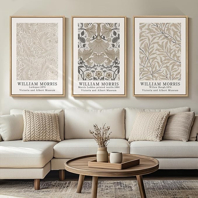 Framed Vintage William Morris Canvas Wall Art Set of 3, Large Neutral Floral Artwork Prints, Botanical Nature Aesthetic Wall Decor for Living Room, Bedroom, Hallway and Office, Total Size 30x60