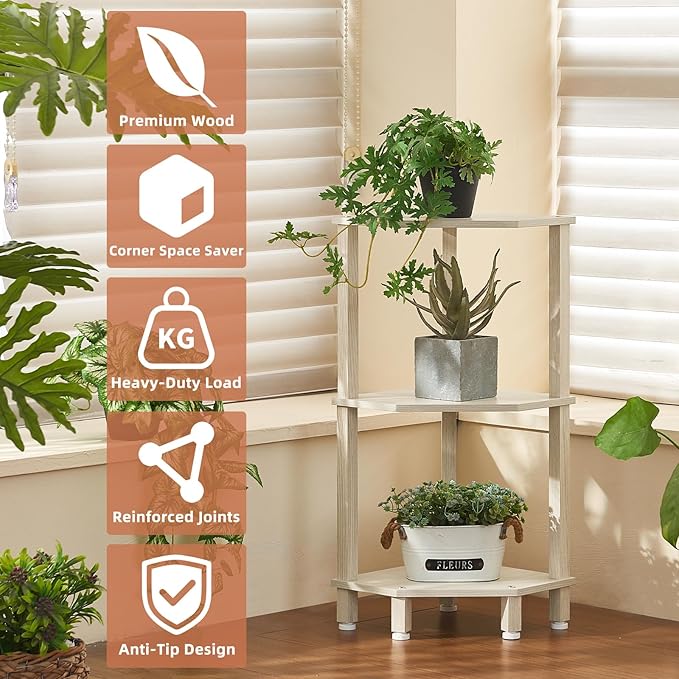 YUFAM 3-Tier Corner Shelf with Sturdy 5-Leg Base, Wooden Corner Bookshelf for Small Spaces, Small Corner Table for Living Room, Bedroom, Office, Grey White