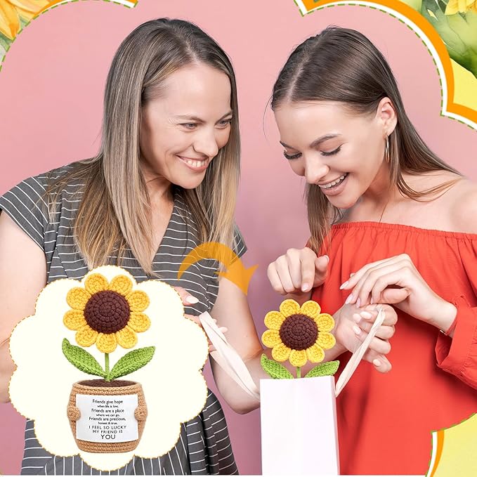 Wavwavw 1 Pcs Friends Gifts for Women, Galentines Graduation Handmade Sunflower Crochet Doll with Positive Card for Female Birthday BFF Bestie Gifts (My Friends)