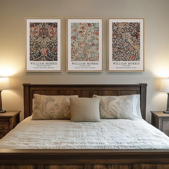 Framed Vintage William Morris Canvas Wall Art Set of 3, Large Retro Floral Artwork Prints, Rustic Farmhouse Botanical Aesthetic Wall Decor for Living Room, Bedroom, Hallway, Office, Total Size 30x60