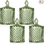 Aoriher 4 Pcs Crystal Glass Candy Jar Set with Lids Home Decorative Storage Jars for Apothecary, Bathroom, Kitchen, and Pantry, Ideal for Cotton Swabs and Jewelry (Medium,Green)