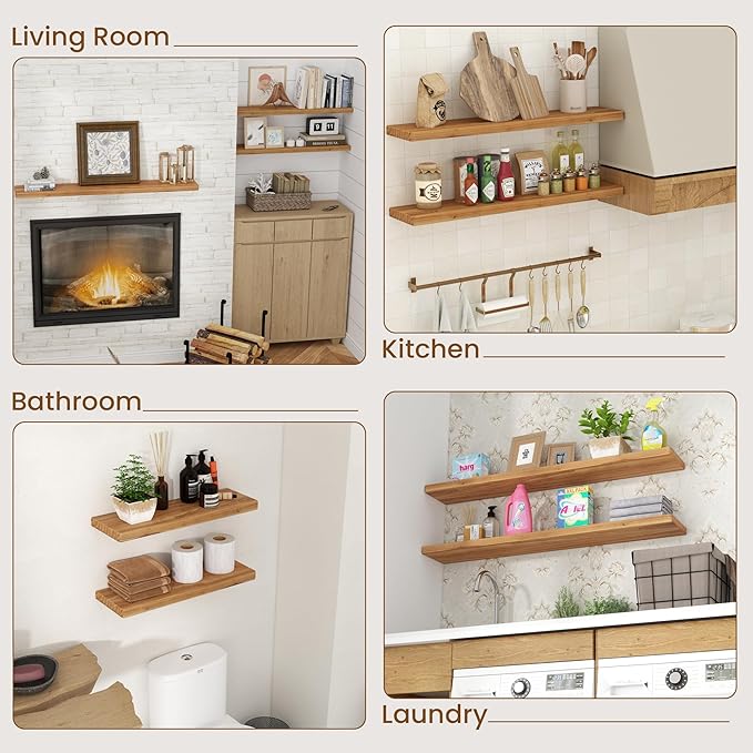 Floating Shelves for Wall, 30"Wx8"D Rustic Solid Elm Wood Floating Shelves Wall Mounted, Round Edge Wall Shelves with Invisible Bracket for Living Room Bathroom Bedroom Kitchen, Set of 2, Natural