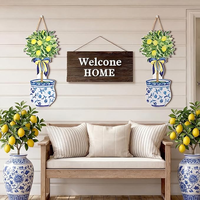 RattanView Large Size Chinoiserie Lemon Tree Door Hanger Rustic Topiary Wooden Sign Front Door Home Wreath Ornament for Farmhouse Indoor Outdoor Yard Porch Welcome Decor, 27.16 x 11.81 in