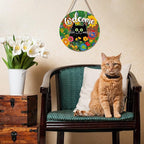 Welcome Spring Summer Black Cat Sign for Front Door Decor Spring Flowers Door Hanger for Outdoor Outside Porch Seasonal Summer Farmhouse Wooden Wreath Colorful Wall Hanging Decoration 12"x12"