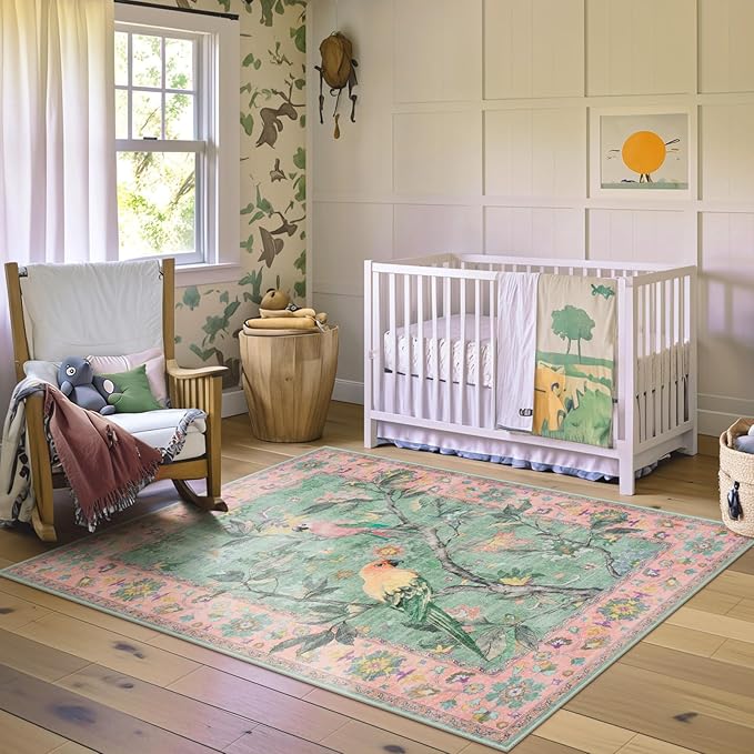 Lahome Botanical Birds Pink Rugs for Bedroom Girls, 5x7 Washable Living Room Dining Room Rugs for Under Table, Vintage Indoor Carpet Throw Nursery Carpet for Kids Classroom (5x7ft,Pink)