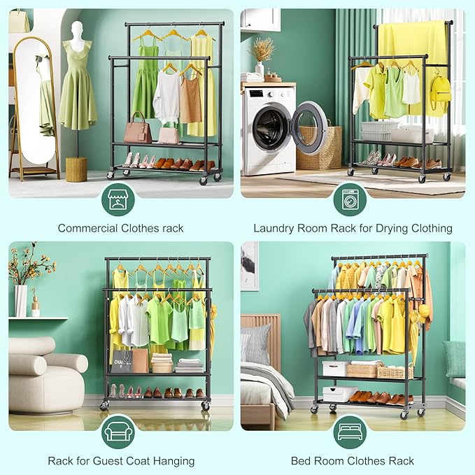 Clothes Rack with Double Rod for Hanging, Heavy Duty Clothing Rack Load 350 LBS with Lockable Wheel, Free Standing Garment Rack with 2 Shelves and Side Hooks for Home Commercial (Black)