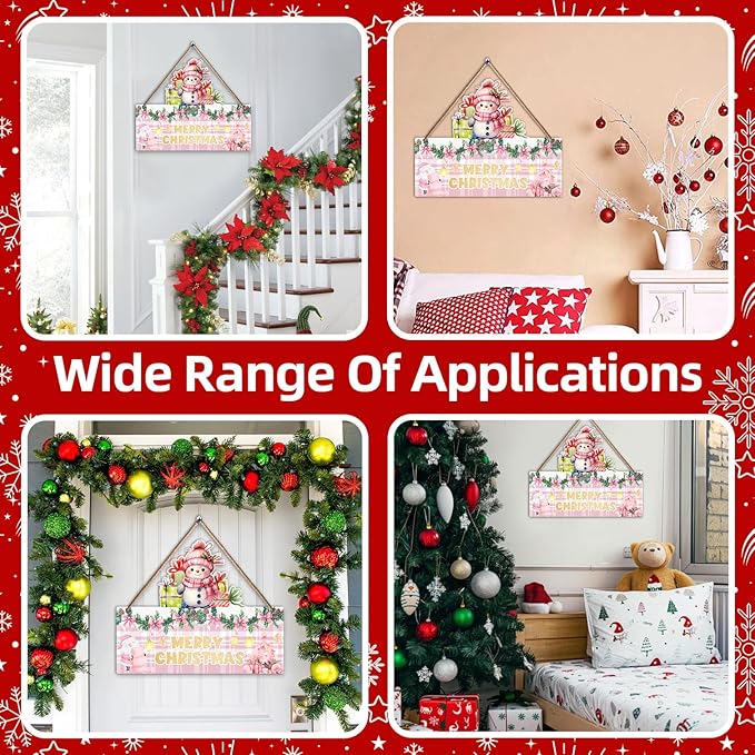 1PCS Merry Christmas Wall Hanging Sign, Pink Wooden Sign for Front, Chrismas Theme Welcome with Snowman, Perfect for Winter Farmhouse Garden Porch Wall Decor (Christmas Door Sign)