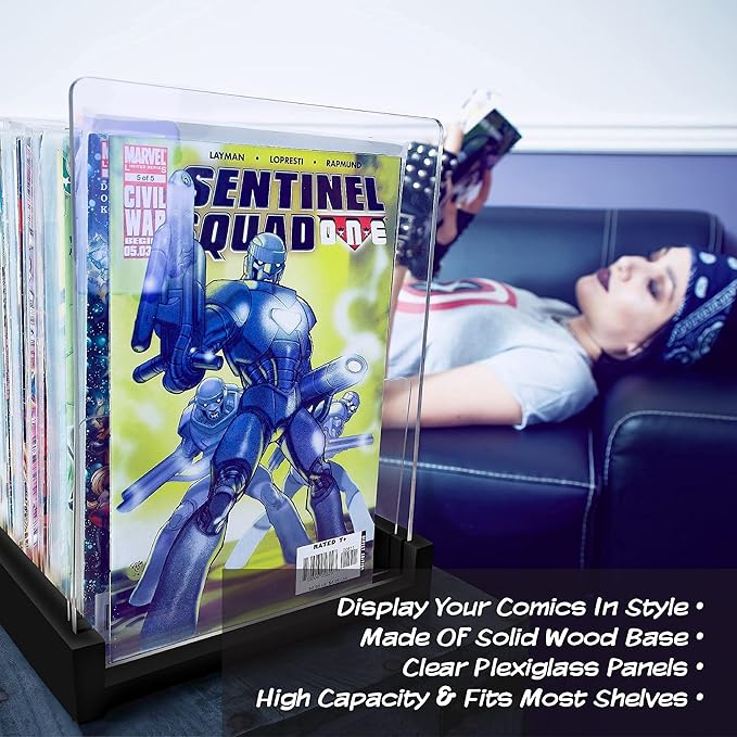 Patented Comic Book Storage Holder – Wooden & Acrylic Display Box/Case for Collectors – Organizer for Comics, Magazines & Books – Holds 150 Issues, 14.5x8 in (Black)