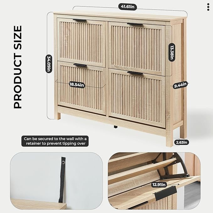 4 Flip Drawers Shoe Cabinet Storage for Entryway, Narrow Hidden Wood Shoes Organizer Cabinet Front Door Entrance Thin Free Standing Front Door Shoe Rack Storage for Entryway(Oak)