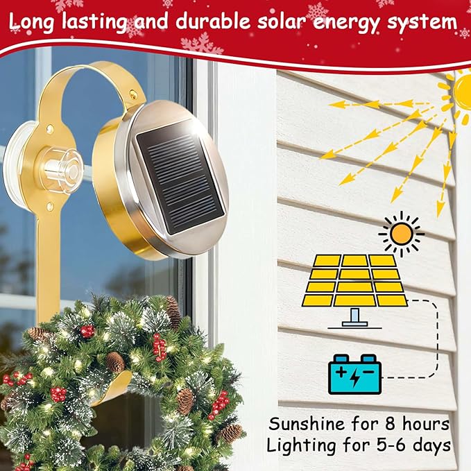 Solar Easter Wreath Hangers for Front Door with LED Lights, Compatible with Lighted Wreaths,Holiday Decorations. Large Suction Cup Metal Hook for Glass Window Outdoor Porch