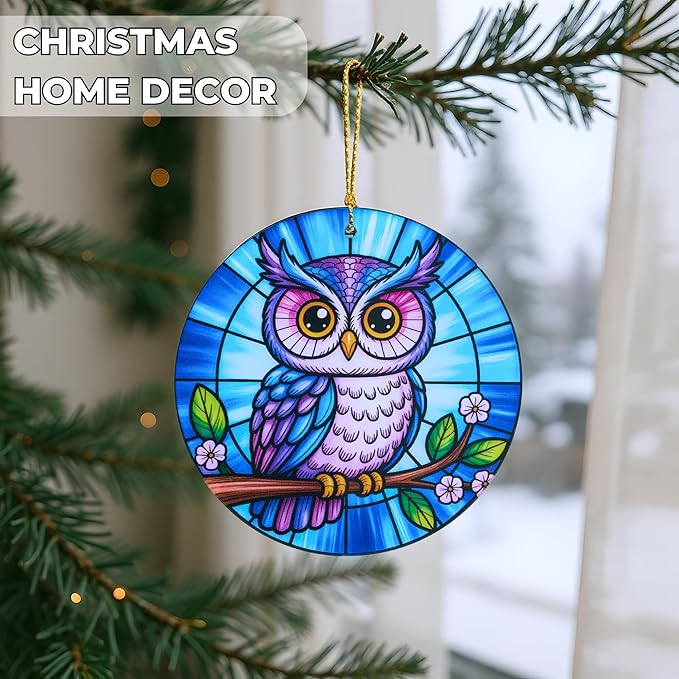 Owl Christmas Ornaments 2025 Stained Glass Effect Acrylic Hanging Gift, for Women, Owl Ornaments for Tree Windows, Ornaments for Christmas Trees Holiday Gifting, Thanksgiving Gift