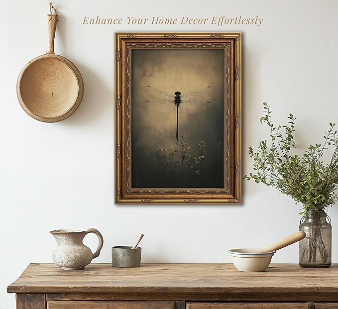 Vintage Gold Framed Wall Art Retro Dark Dragonfly Painting Canvas Prints Gothic Insect Picture Wall Decor Rustic Farmhouse Animal Poster Artwork for Living Room Bedroom Bathroom, 12x16in