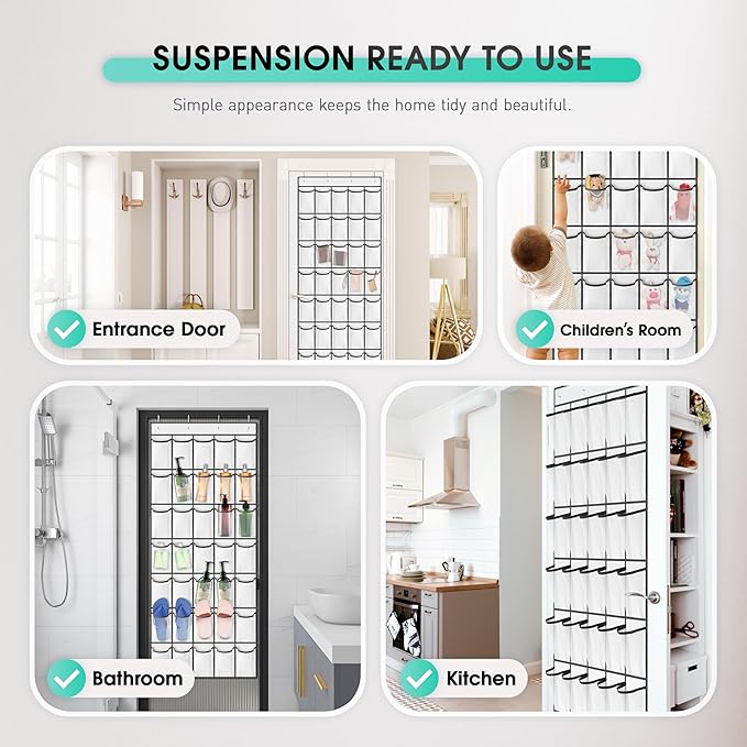 WVM Over the Door Shoe Organizer with 35 Breathable Mesh Pockets, Hanging Shoe Organizer for Door with 4 Metal Hooks, Large Capacity Closet Storage for Shoes, Accessories, White