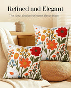 Embroidered Throw Pillow Covers 18x18 Inch - Set of 2 Summer Spring Boho Decorative Pillow Covers with Zipper for Living Room Couch Sofa Bed Aesthetic Design Flower Cluster Cushion Pillowcases
