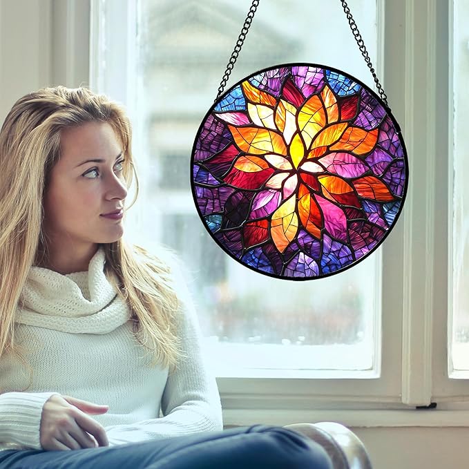 Stained Glass Window Hanging, Fuchsia Abstract Flowers Suncatcher for Window Home Decor Orange Sun Catcher Mother's Day Birthday Gifts for Women Men Mom Nana 11.8 in