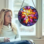 Stained Glass Window Hanging, Fuchsia Abstract Flowers Suncatcher for Window Home Decor Orange Sun Catcher Mother's Day Birthday Gifts for Women Men Mom Nana 11.8 in