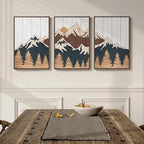 Framed 3D Wood Mountain Textured Wall Art for Living Room, 3 Piece Farmhouse Modern Wood Artwork for Walls, Landscape Mountain Forest Sun Wall Art Decor for Home Office Bedroom Hallway, 16x24 Inch