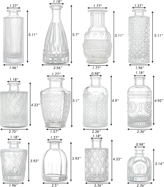 Glass Bud Vases Set of 12, Small Vases for Flowers, Clear Bud Vases in Bulk for Centerpieces Mini Vintage Vase for Rustic Home Wedding Table Decorations