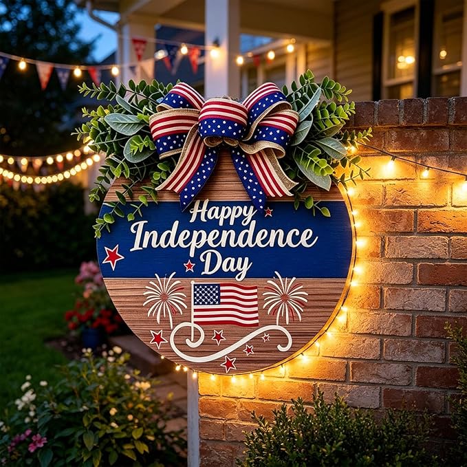 4th of July Wreaths Decorations for Front Door with Large Bow, USA 250th Anniversary Merchandise, Independence Day & Summer Patriotic Decorations for Garden & Patio (Color-Day)