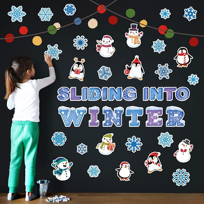 Winter Bulletin Board Decorations Winter Wonderland Paper Cutouts for Classroom Sliding into Winter Bulletin Board Set Snowflake Penguins Xmas Party Themed Cutouts for School Wall Door Decor