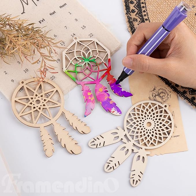 Framendino, 80 Pack Wooden DIY Dream Catchers Kits Decorative Hanging Ornaments to Paint for Home Tree Decor