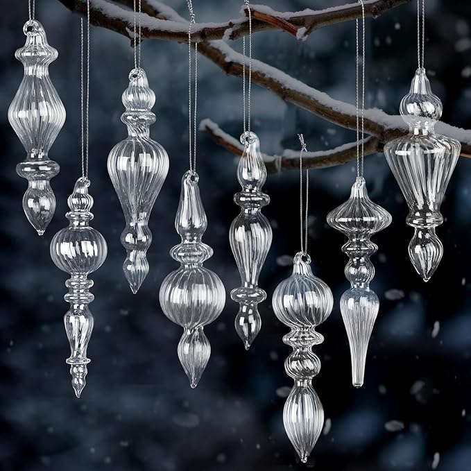 Mifoci 8 Pcs 6 Inch Mercury Glass Finial Christmas Ornaments Hanging Christmas Finials Glass Ornaments Assorted Mercury Decor for Vintage Holiday Xmas Tree Decoration(Clear)