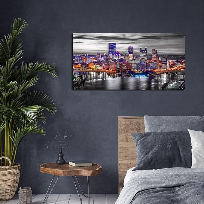 Large Pittsburgh Wall Art Black and White City Skyline Wall Decor for Living Room Office Decor Pennsylvania Night Cityscape Canvas Prints Modern Skyscraper Panoramic for Bedroom Home Decoration 24x48"