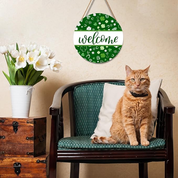 St Patricks Day Welcome Door Decoration for Home Welcome Shamrock Wreath Sign for Front Door St Patricks Day Outdoor Decorations Hanging Wooden Sign for Home Proch Spring Farmhouse 12x12 Inch