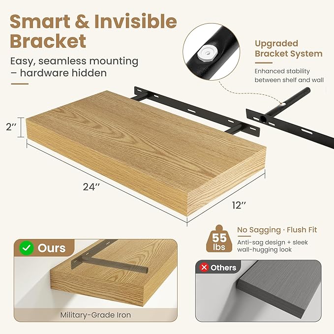 FLYJOE 24 Inch Long Floating Shelves for Wall Set of 2, 12" D Wood Grain Bathroom Shelves with Invisible Brackets, Easy Install Engineered Wood Storage Shelves for Kitchen, Living Room, Bedroom